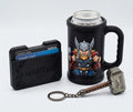 Personalised men's gift kit with Thor beer can mug, card holder and Mjolnir keychain on white background