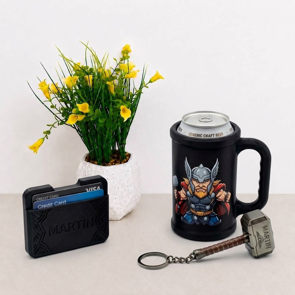Personalised men's gift kit with Thor beer can mug, card holder and Mjolnir keychain with flower arrangement