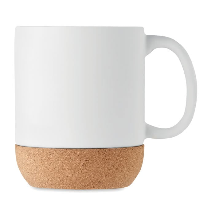 Personalised white ceramic mug with natural removable cork base